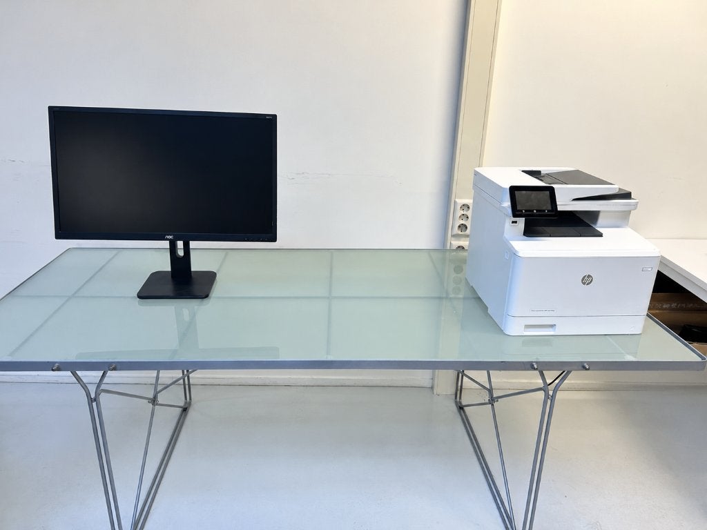 Glazen tafel metalen frame, Ophalen, Gebruikt, 200 cm of meer, 50 tot 100 cm