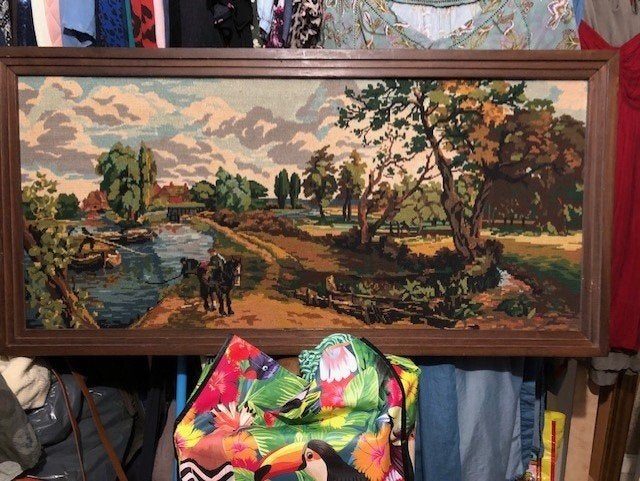 schilderij geborduurd 120x60cm landschap beekje paard, Ophalen, 50 – 75, Oorspronkelijke maker, Overige typen