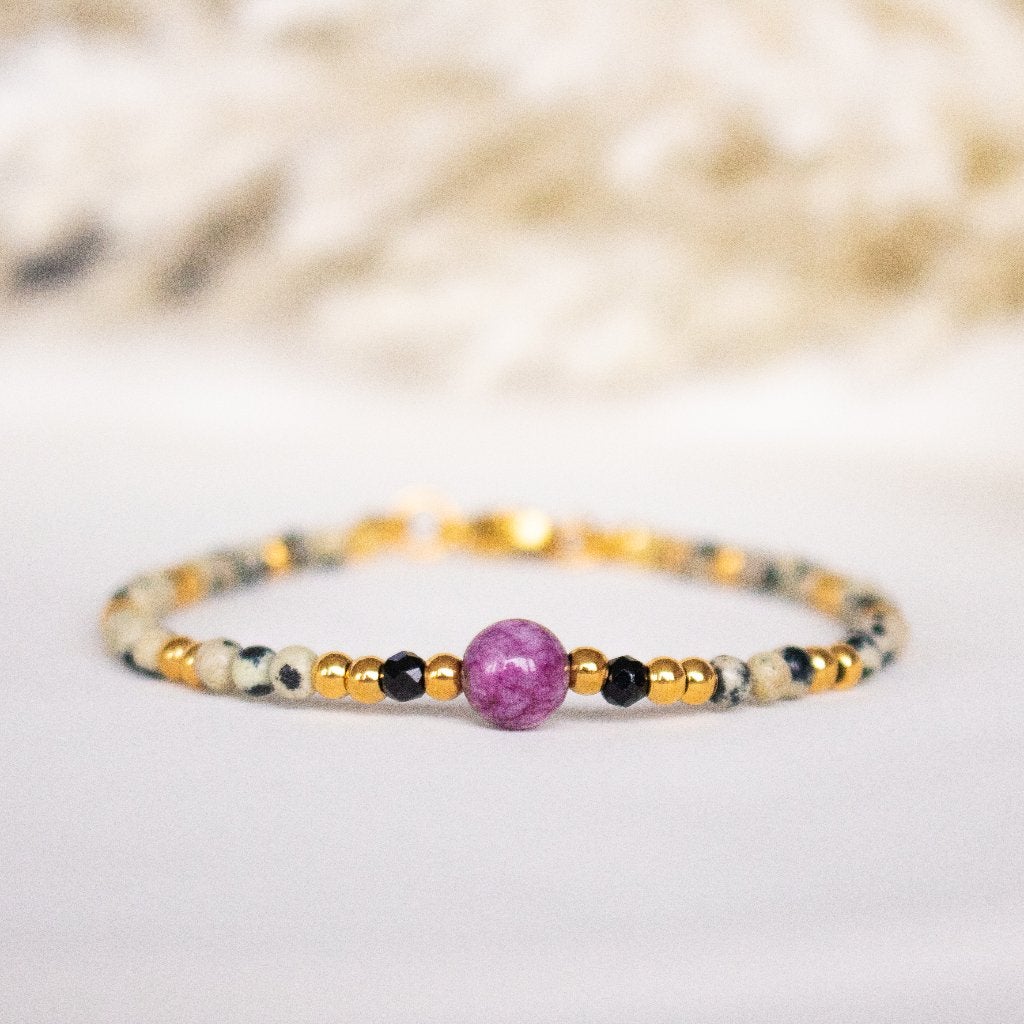 Armband met dalmatiër jaspis, lepidoliet & zwarte toermalijn, Met bedels of kralen, Staal, Zwart, Nieuw