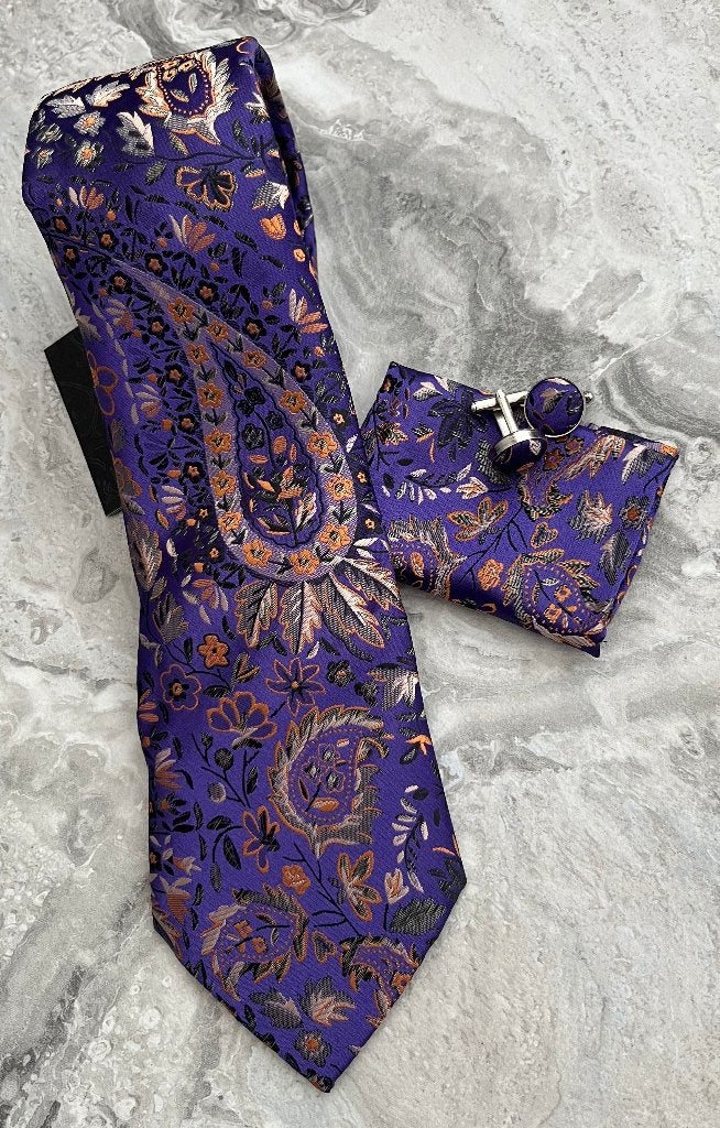 100% zijde Stropdas Pochet Manchetknopen Paars Goud -NIEUW-, Ophalen of Verzenden, Nieuw, Paars, Met patroon