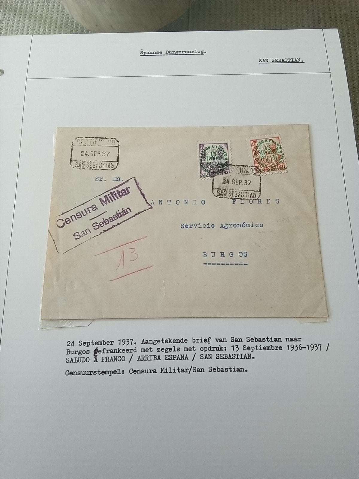 Spaanse burgeroorlog brief van San Sebastian naar Burgos, Postzegels en Munten, Ophalen of Verzenden, Brief