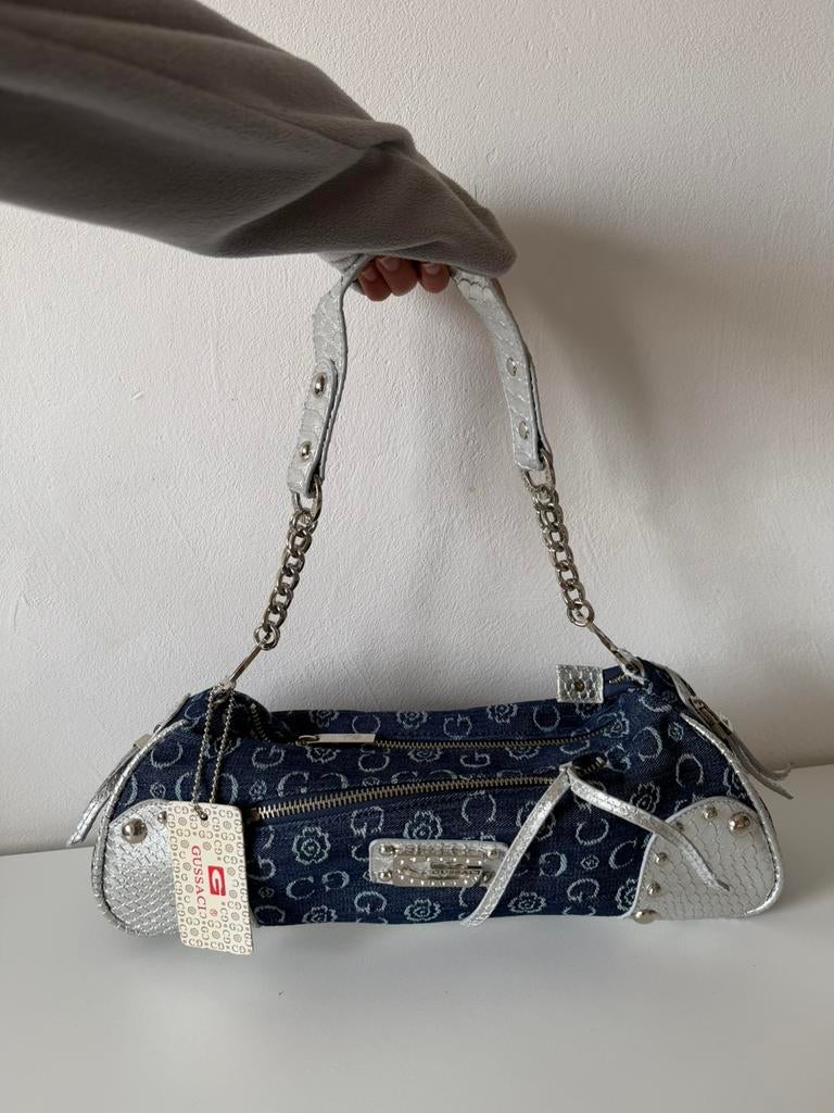 Gussaci Vintage Y2K Tas Denim Zilver op Zilver - Nieuw, Ophalen of Verzenden, Zo goed als nieuw, Overige kleuren, Handtas