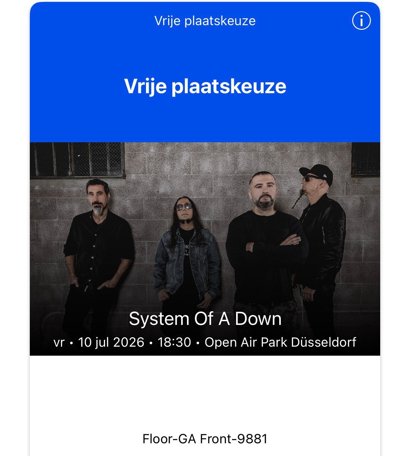 1 FRONT GA ticket system of a down in dusseldorf !!, Tickets en Kaartjes, Eén persoon, Hard Rock of Metal