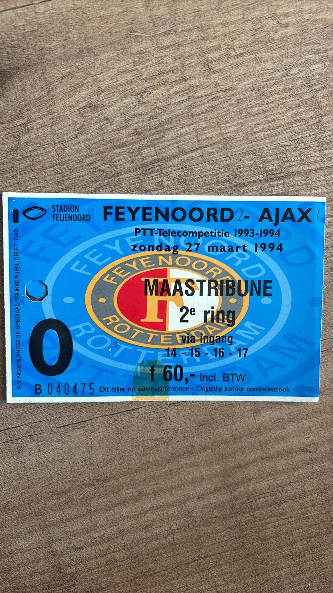 Oud stadionticket feyenoord ajax 1994, Ophalen of Verzenden, Zo goed als nieuw