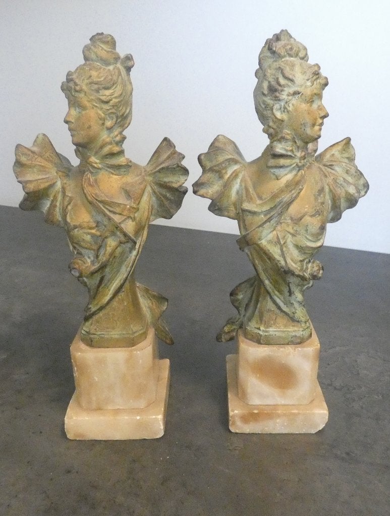 Set Art Nouveau bustes op marmeren sokkel [2077], Ophalen