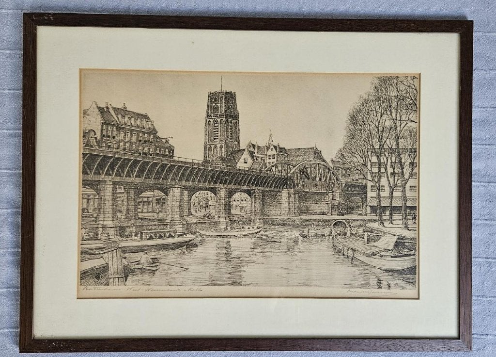 Kolk Rotterdam, Marius Janssen, Ophalen, 53 cm, Stadsgezicht, Gesigneerd