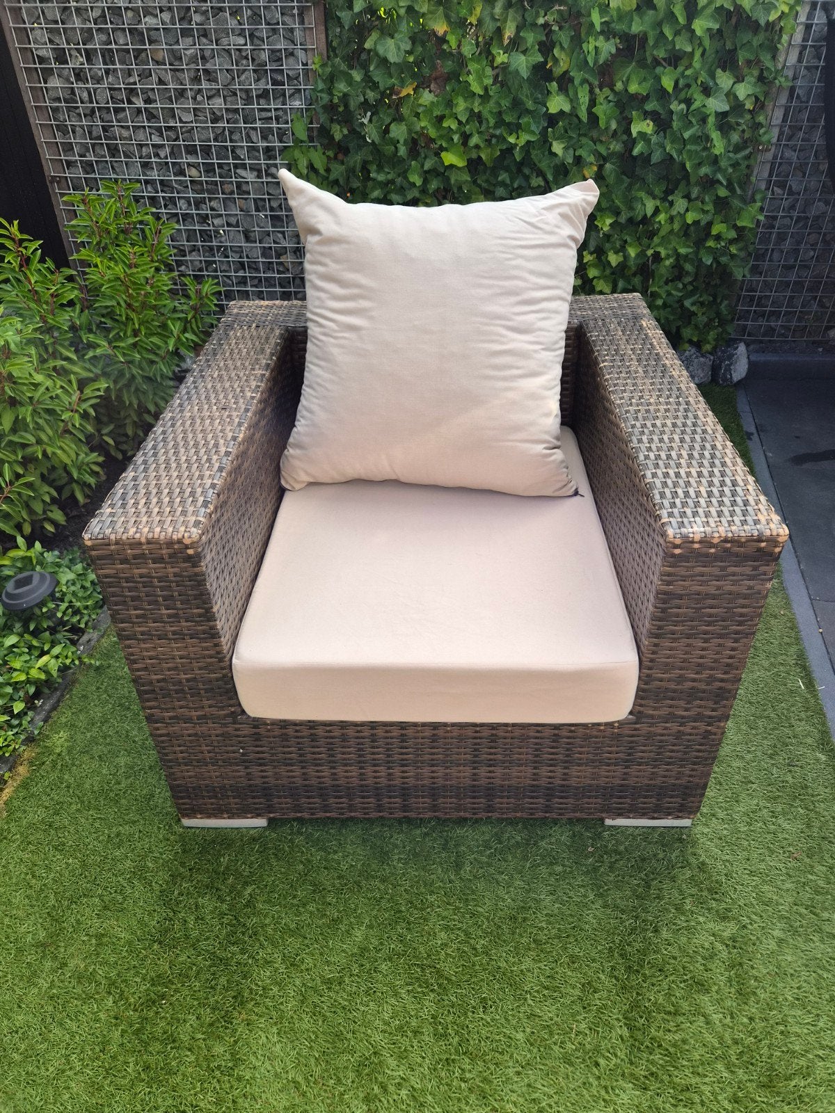 Comfortabele wicker fauteuil met kussens, Huis en Inrichting, Fauteuils, Ophalen, Gebruikt, 75 tot 100 cm
