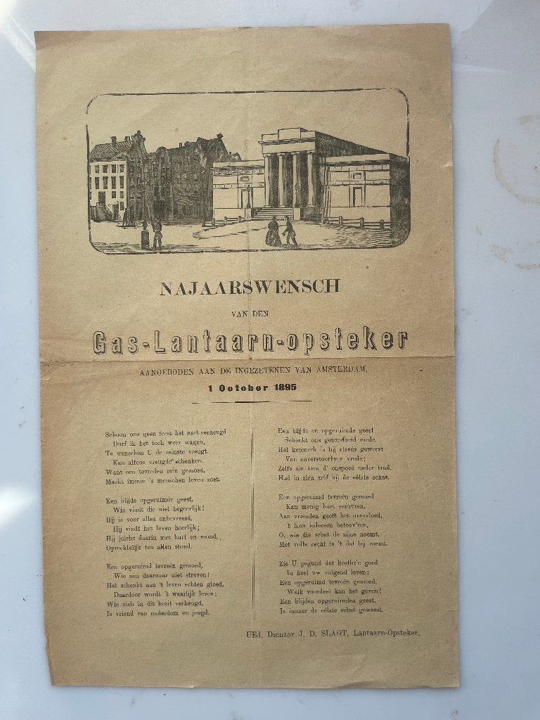 poster Najaarswensch gas lantaarn opsteker amsterdam 1895 !!, Ophalen of Verzenden, Huis en Tuin