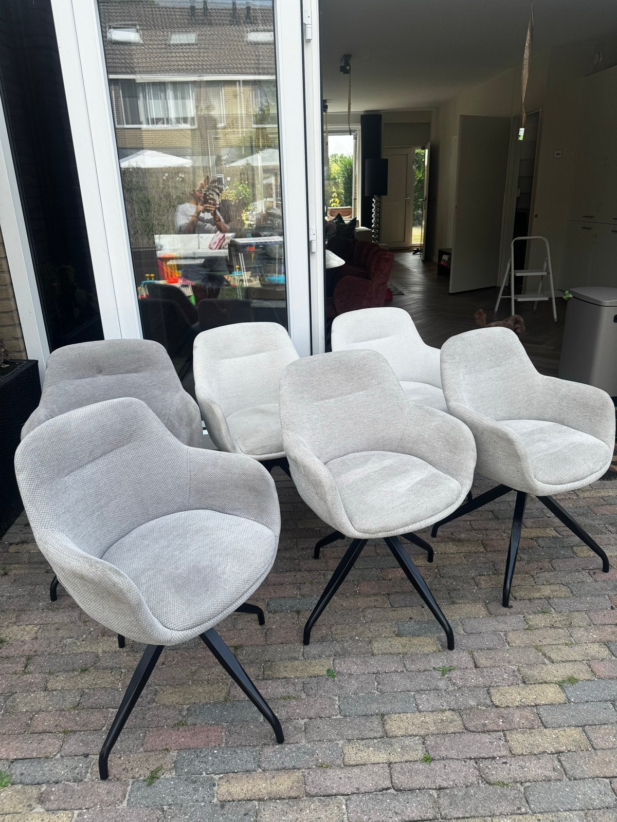 Set van 6 moderne eetkamerstoelen - Grijs, taupe en creme, Huis en Inrichting, Stoelen, Ophalen, Zo goed als nieuw, Vijf, Zes of meer stoelen