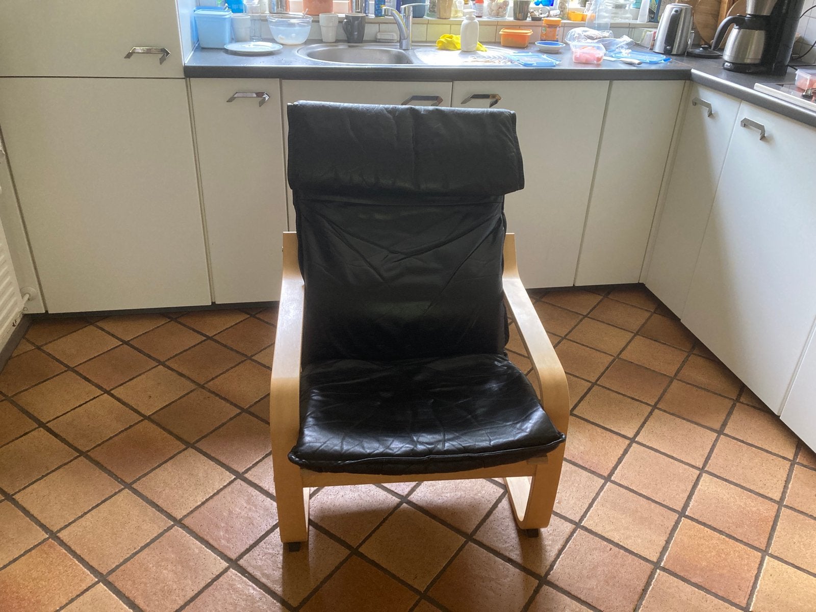 IKEA poang Fauteuil met zwart lederen kussen, Ophalen, Gebruikt, Zwart, Leer