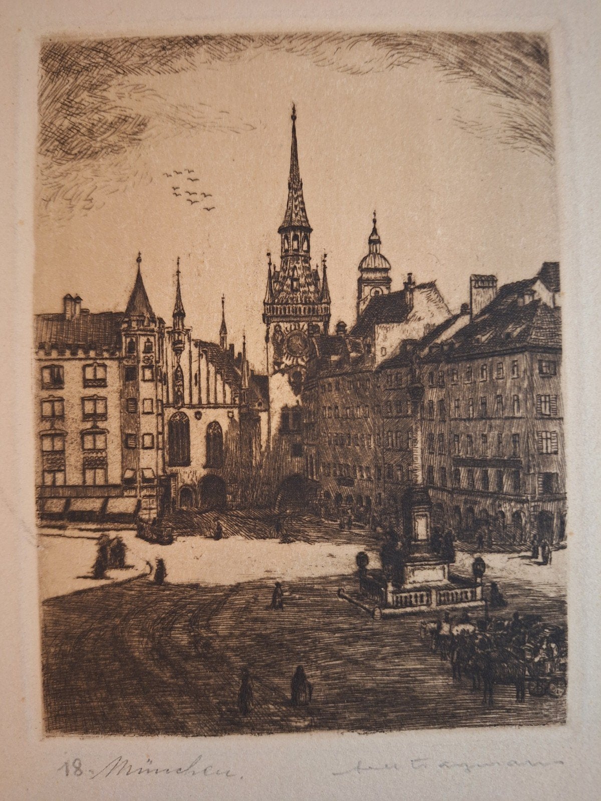 Ets München - Stadsgezicht met Nieuw Stadhuis, Ets, Stadsgezicht, Ophalen of Verzenden, Origineel