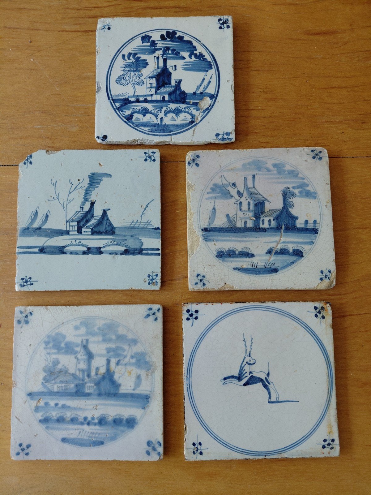 Mooie antieke Delft's blauwe tegeltjes 13 x 13 cm, 5 stuks, Antiek en Kunst, Ophalen of Verzenden