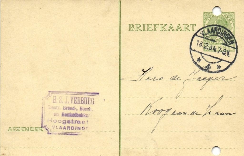 H.S.J. Verburg, Vlaardingen - 12.1934 - briefkaart, Postzegels en Munten, Ophalen of Verzenden, Briefkaart