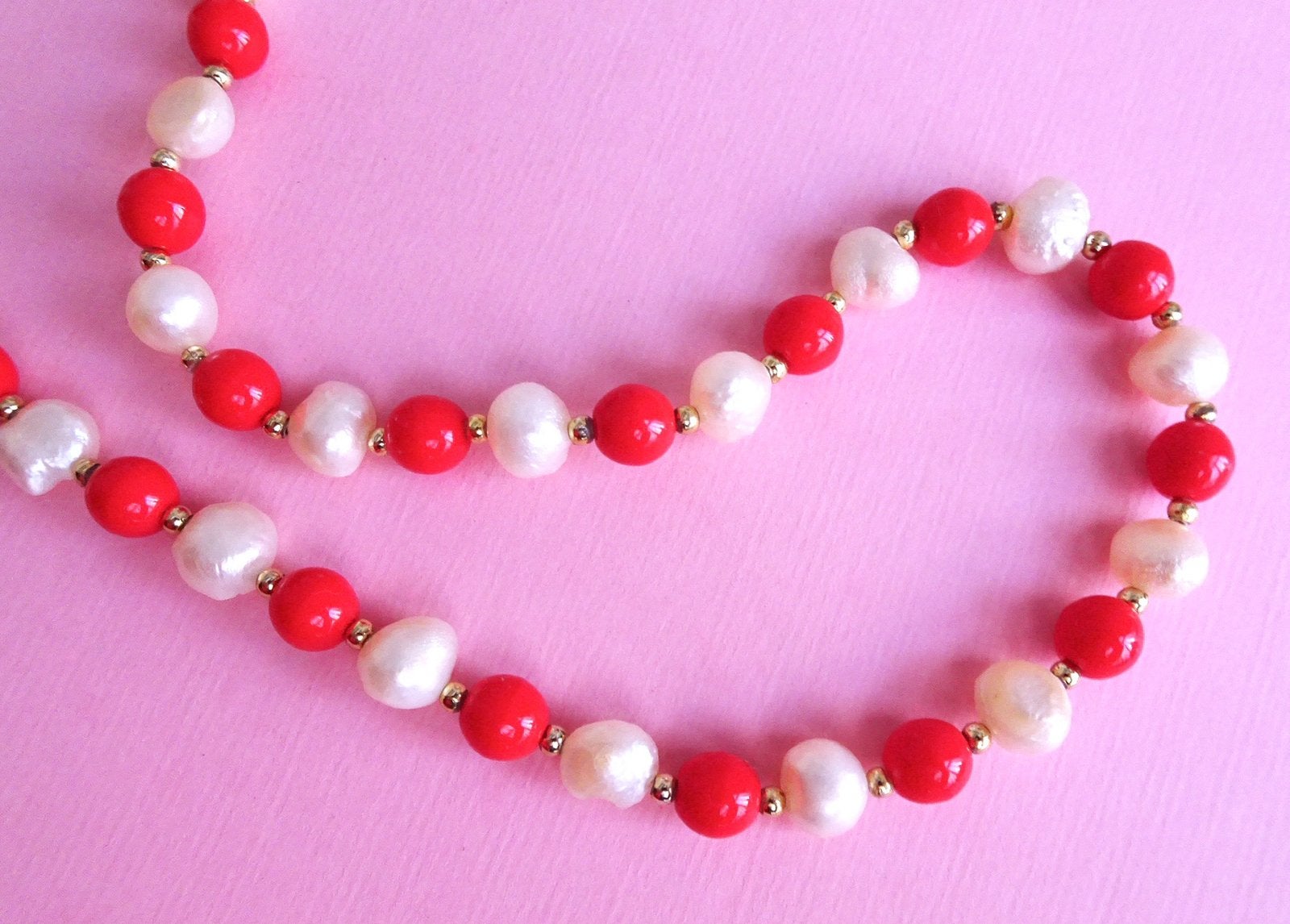 jwg Vintage 60s zoetwaterparel parel koraal klr glas ketting, Verzenden, Overige materialen, Ketting, Met edelsteen