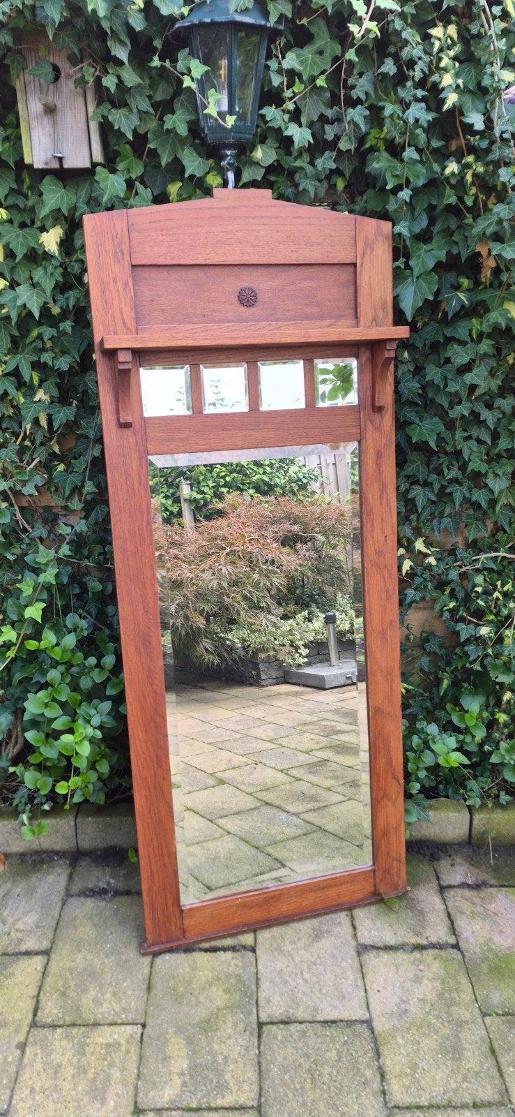 Grote antiek eiken spiegel bijv in de tuin oid, Ophalen, Rechthoekig