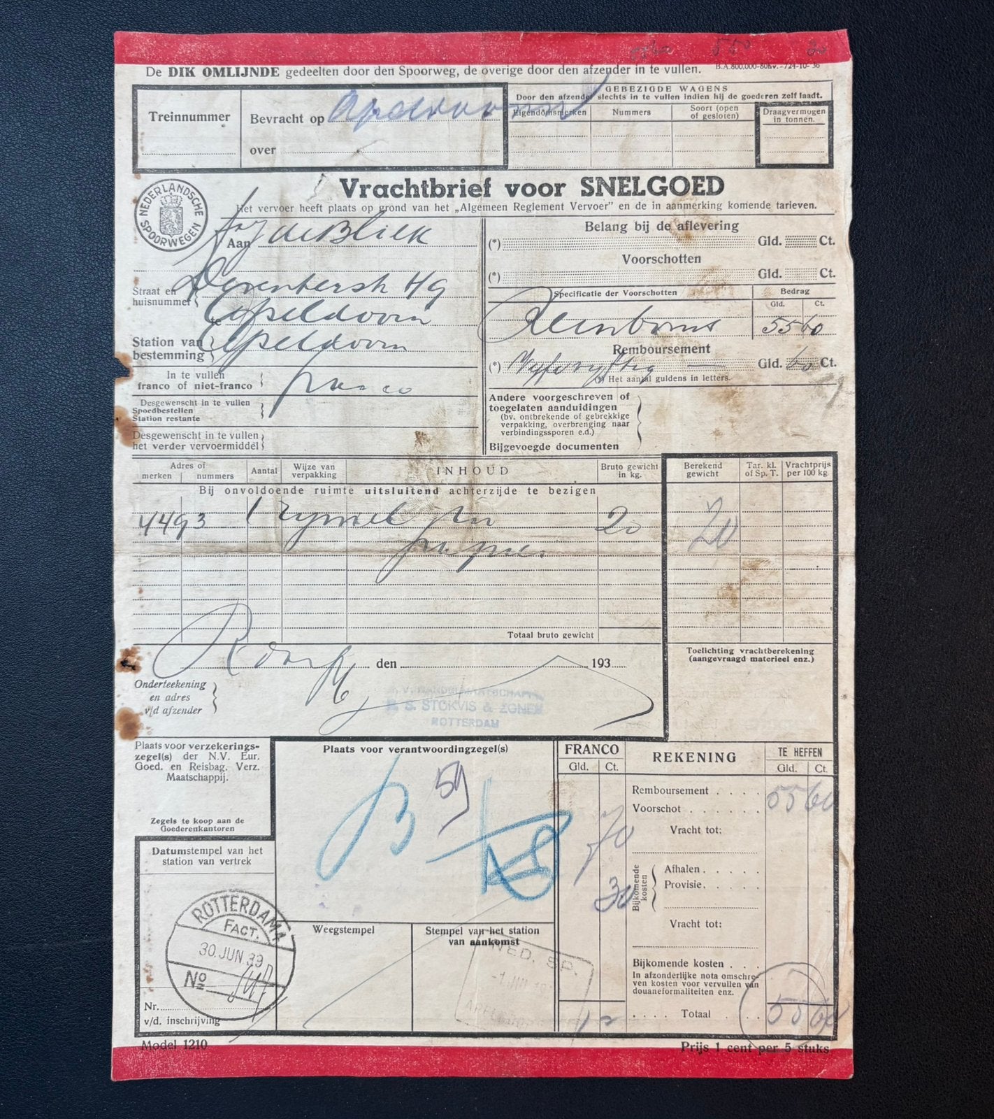 Vrachtbrief papier van Rotterdam naar Apeldoorn (1939), Ophalen of Verzenden, Gebruikt, Trein