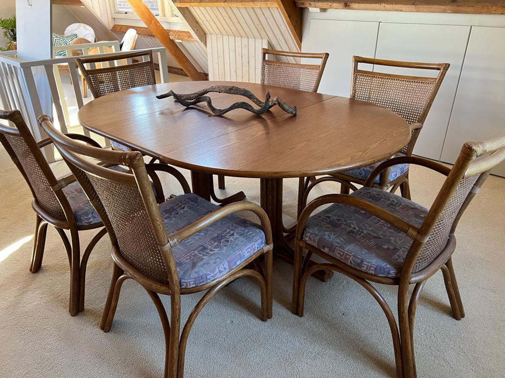 Rohe Vintage Rotan Eetkamerset met Uitschuifbare Tafel, Ophalen, Gebruikt, 100 tot 150 cm, Vijf personen of meer