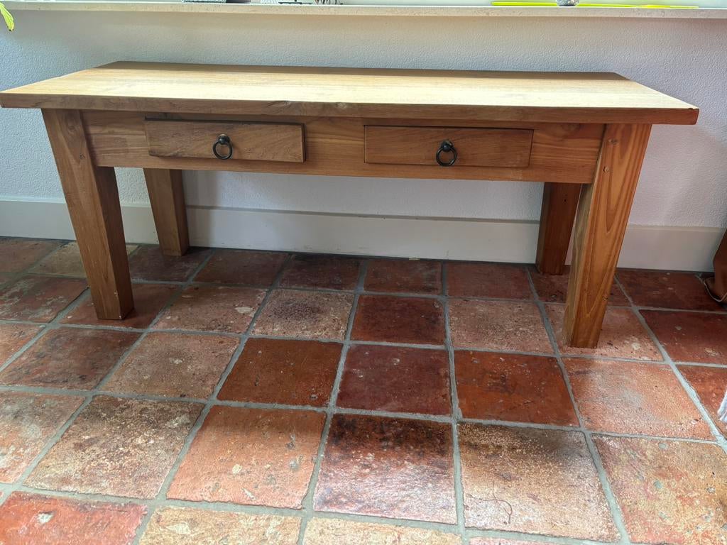 Teakhouten sidetable met 2 laadjes, Ophalen, Gebruikt, 100 tot 150 cm, Overige houtsoorten