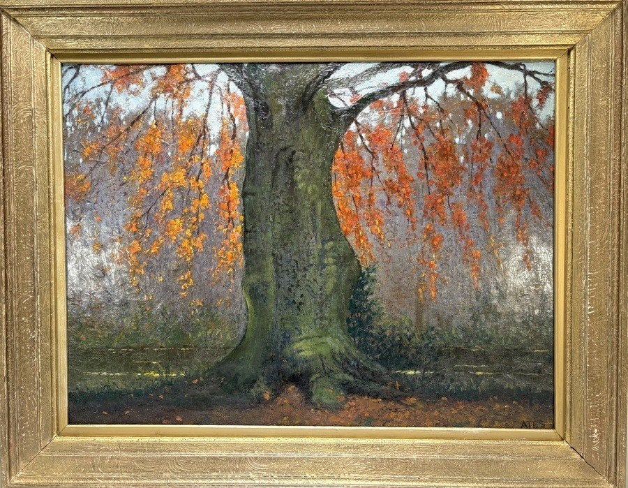 680. Schilderij, Ates – Herfstlandschap met boom, ca. 1930, Doek, Impressionistisch, Landschap, Olieverf