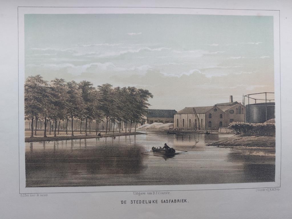 3 / Stedelijke Gasfabriek te Leiden Steendruk ca 1859, Ophalen of Verzenden