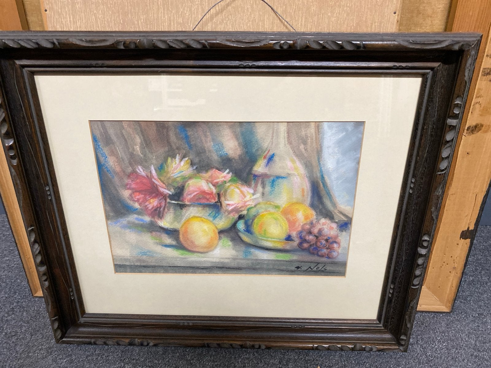 Schilderij A. Nols - Stilleven met fruit en fles, Ophalen, Realistisch, Stilleven, Gesigneerd