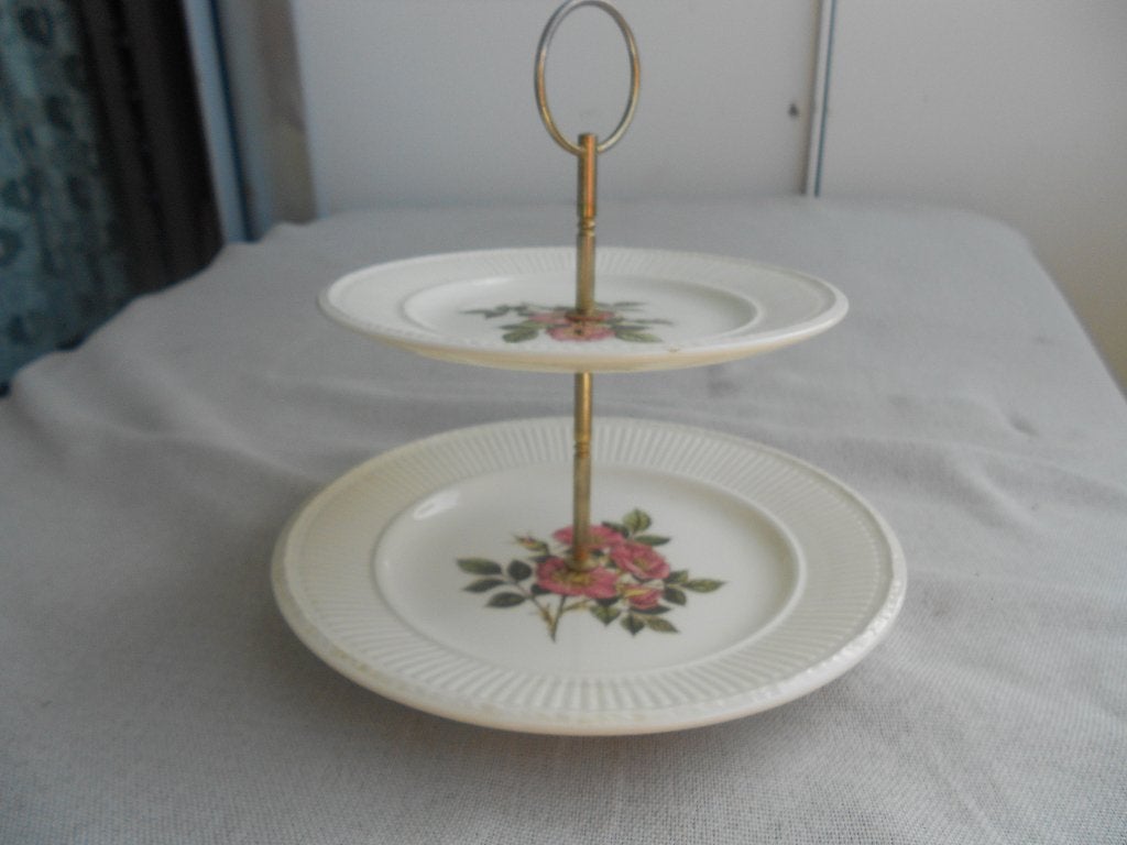 Etagere aardewerk bloemmotief 2 laags 16 en 21cm, hoog 20cm, Ophalen, Etagère, Steen/keramiek, Gebruikt