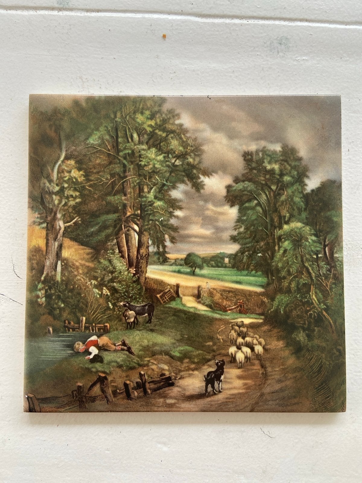 Antieke tegel met landschapstafereel 15x15cm, Ophalen of Verzenden