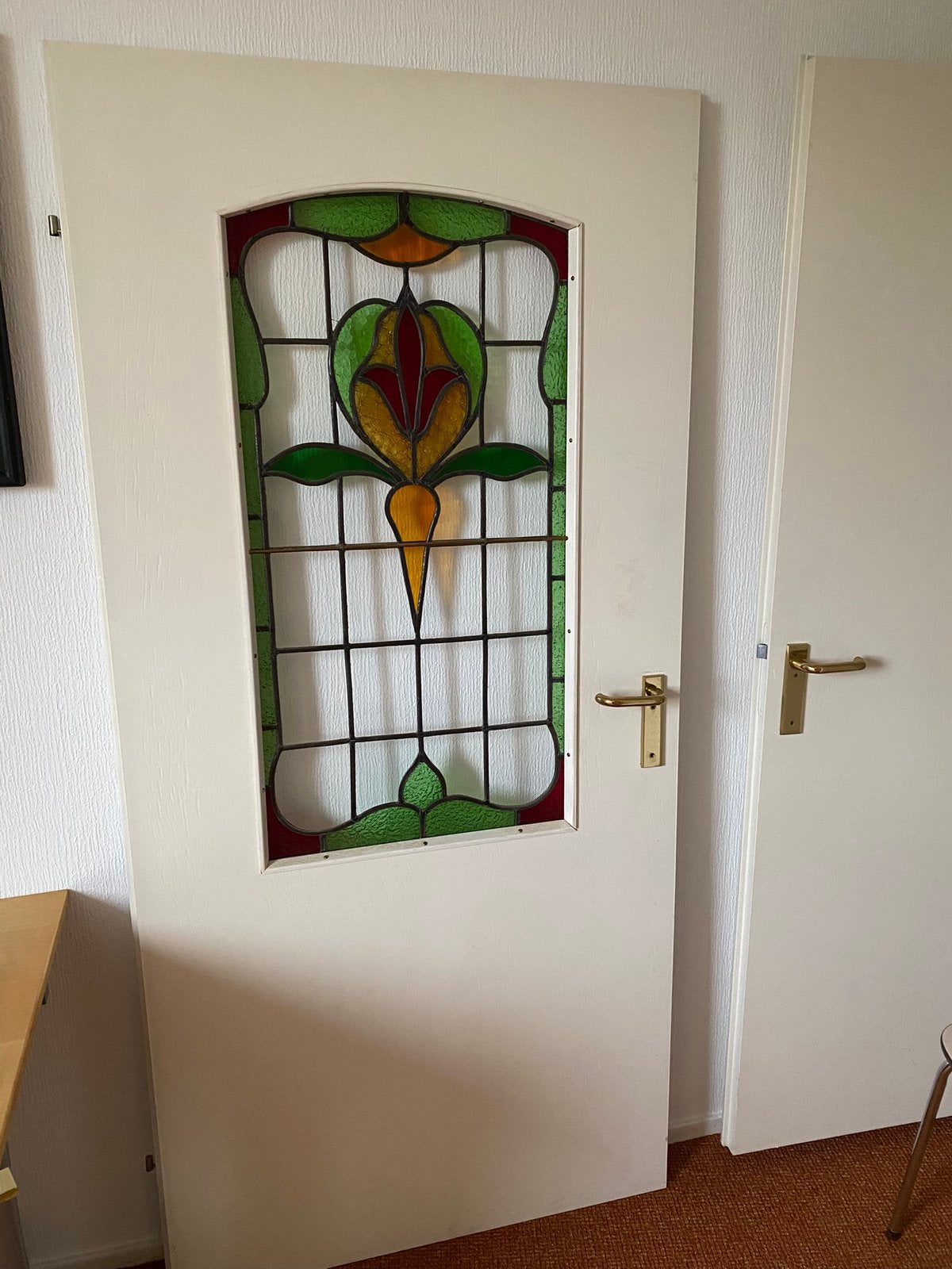 Opdekdeur met mooi glas-in-lood raam, Ophalen, Gebruikt, 80 tot 100 cm, Binnendeur