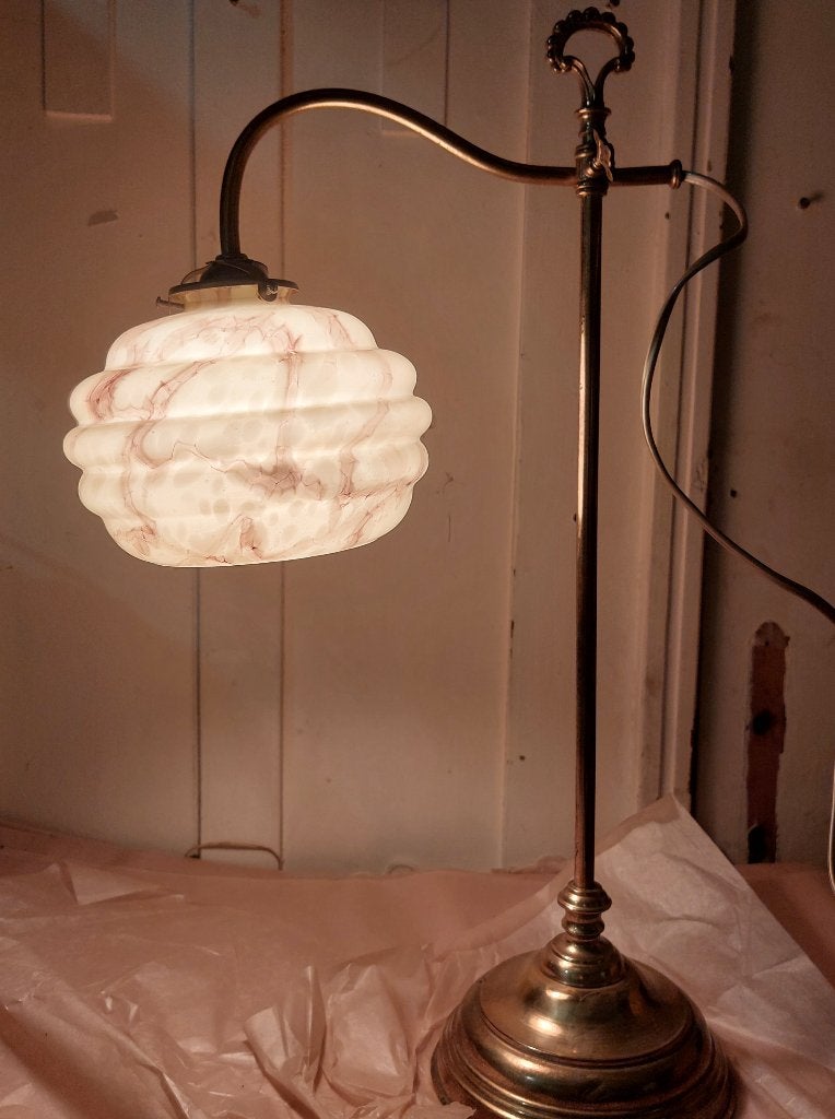 Antieke art deco lamp met gewolkte opaline Scailmont kap, Ophalen of Verzenden