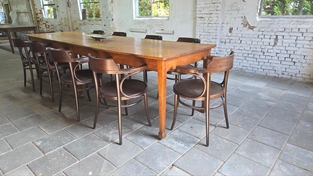 Antieke lange eiken boerentafel met 10 Thonet-stijl stoelen, Huis en Inrichting, Tafels | Eettafels, Ophalen, Gebruikt, Eikenhout