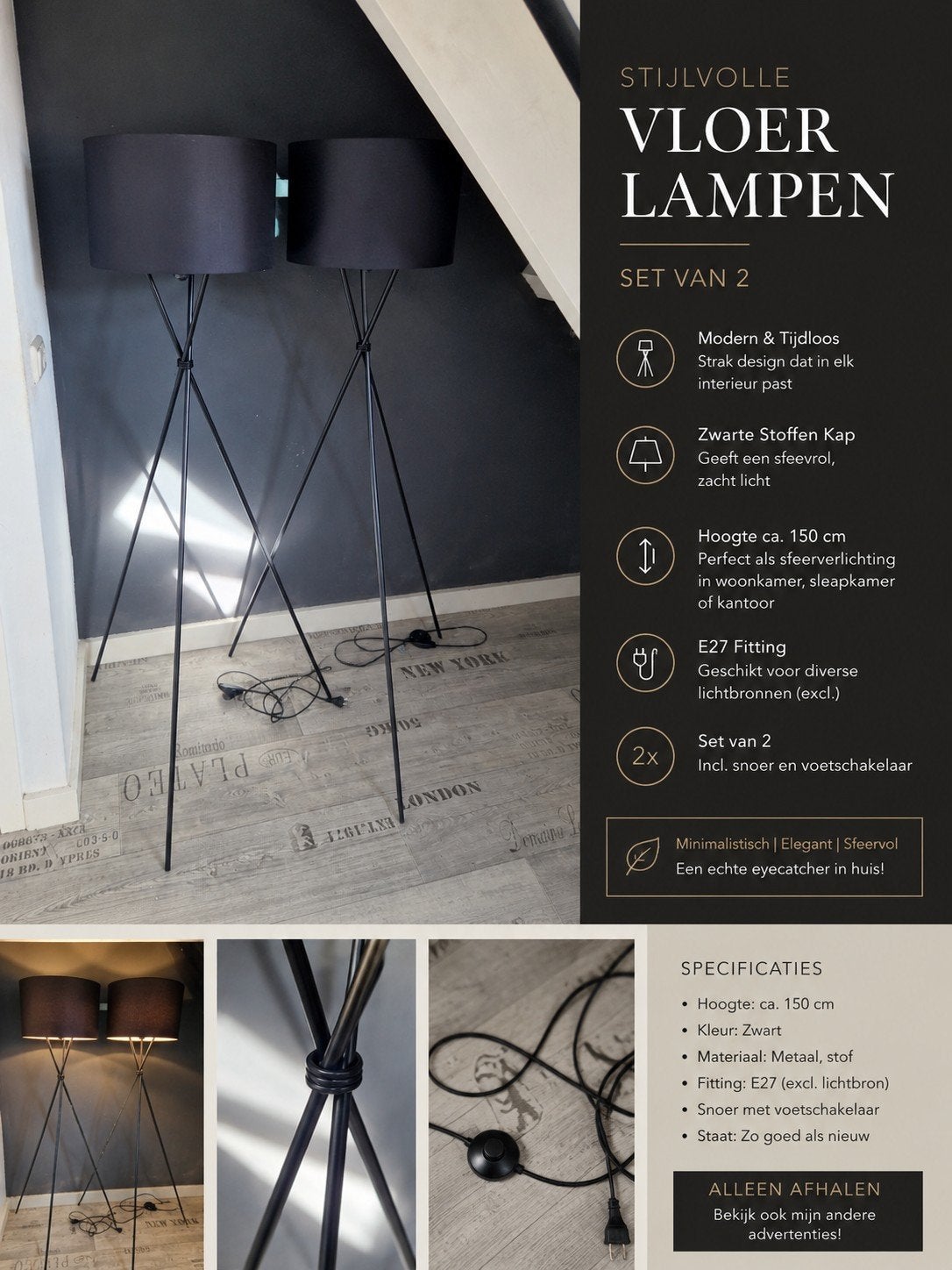 Set van 2 Stijlvolle Vloerlampen - Modern & Tijdloos, Ophalen, 150 tot 200 cm