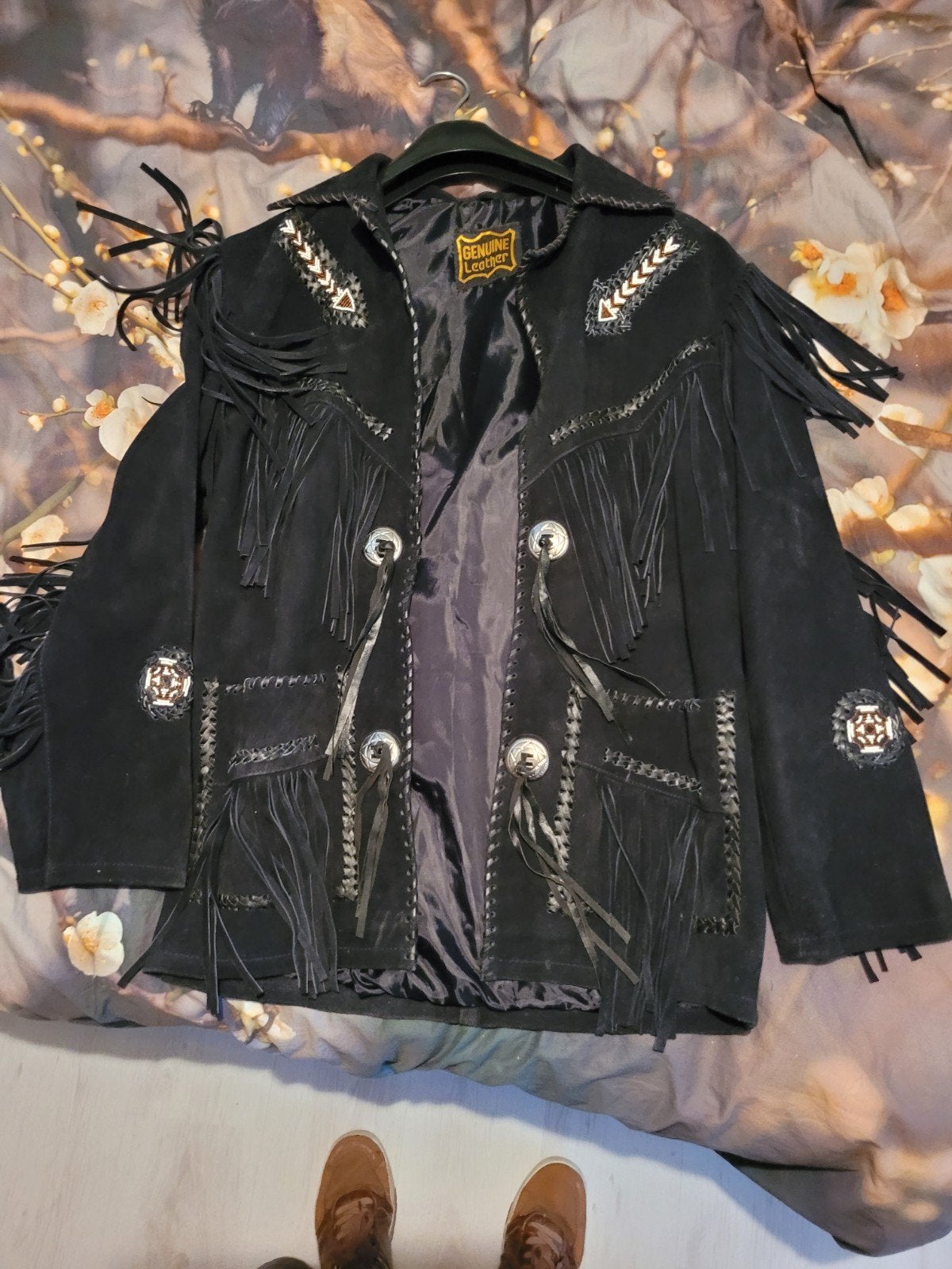 Vintage Zwart Leren Franje Jas - Westerse Stijl, Zwart, Genuine Leather, Gedragen, Ophalen