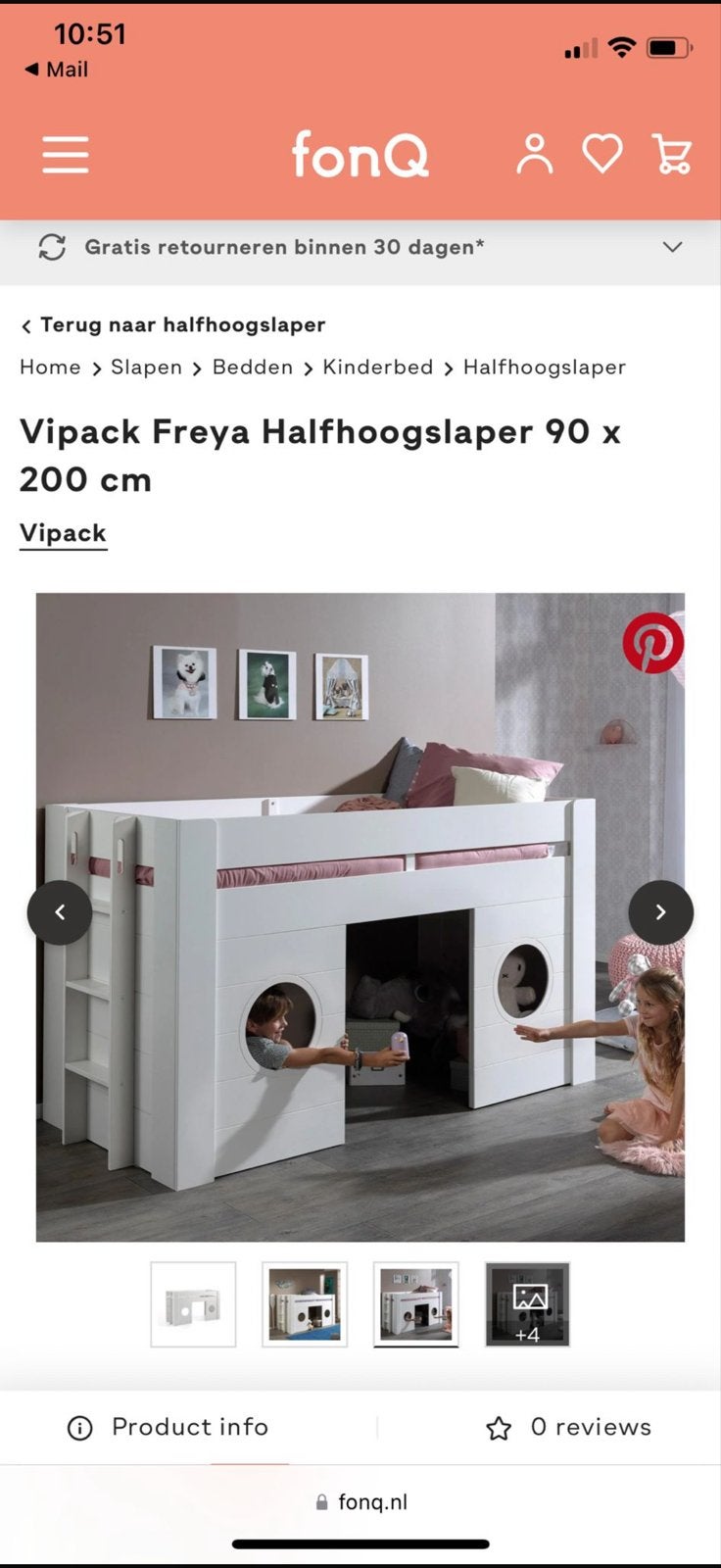 Vipack Freya Halfhoogslaper 90x200 cm - Wit, 85 tot 100 cm, Ophalen of Verzenden, Zo goed als nieuw, Hoogslaper of Stapelbed