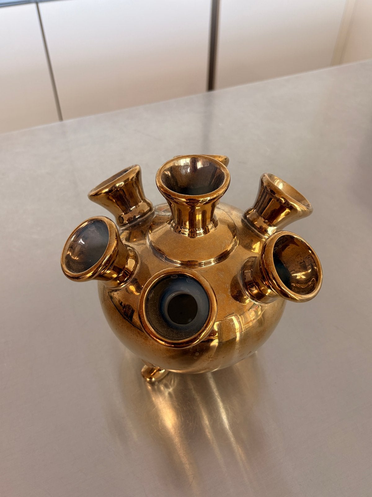 Heinen Delfts Blauw Tulip Vase "op pootjes" (Gold), Ophalen, Zo goed als nieuw, Blauw, Overige materialen