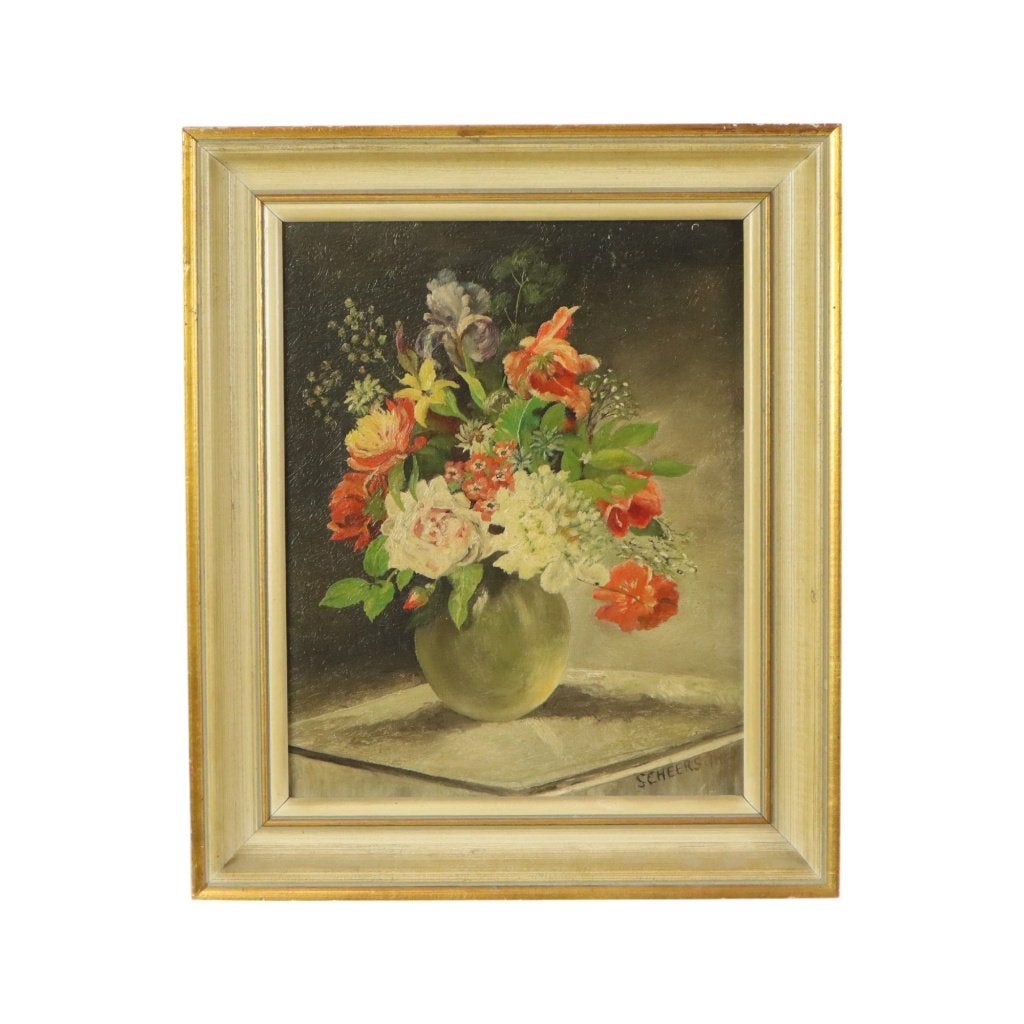 Bloemen in Vaas Stilleven Schilderij Olie op Doek Ingelijst, Bloemen, Doek, Ophalen of Verzenden, Gesigneerd