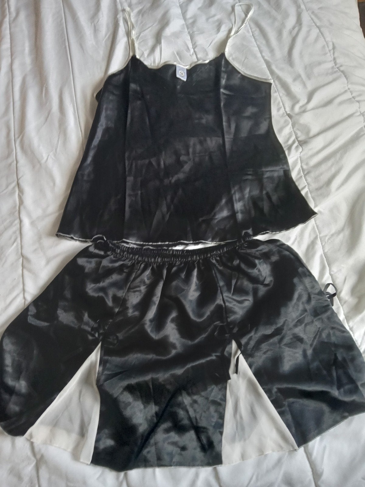 Angel Lingerie cami shortama pyjama satijn zwart wit maat M, Ophalen of Verzenden, Zwart, Nachtkleding