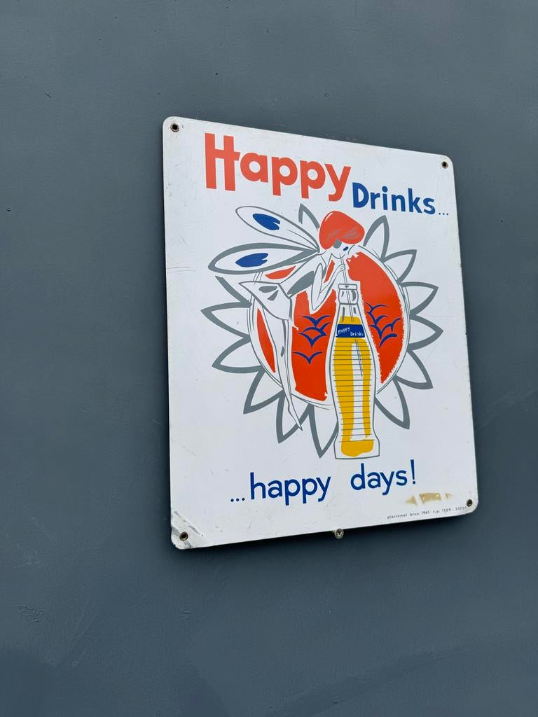 Vintage Happy Drinks Reclamebord - Happy Days!, Reclamebord, Gebruikt, ., Ophalen of Verzenden
