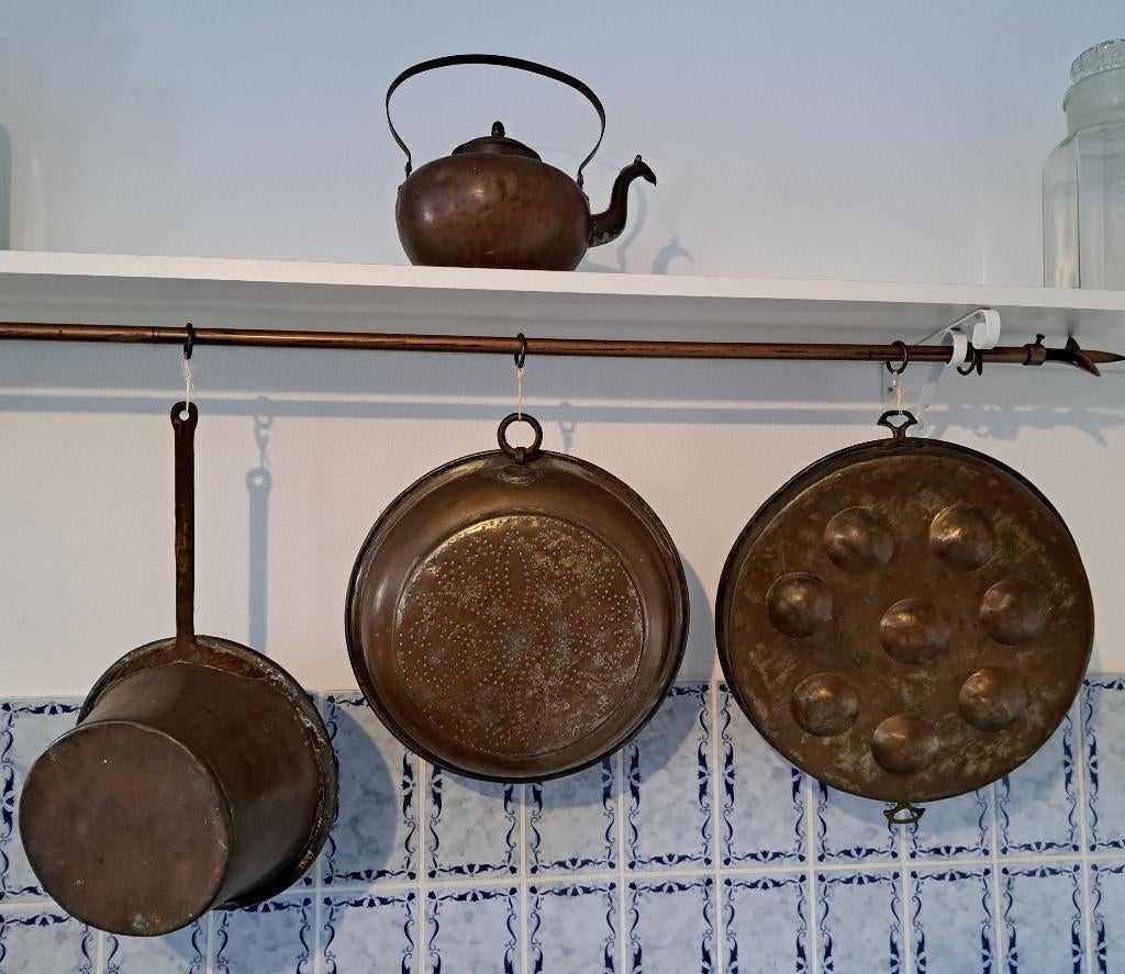 antieke rood koper pannen sauspan zeef poffertjespan ketel, Antiek en Kunst, Verzenden