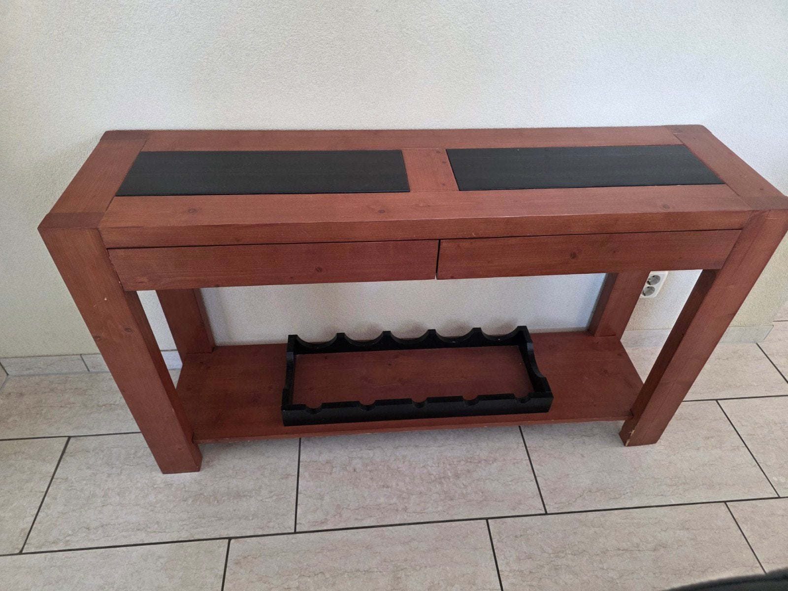 Houten sidetable met lades en wijnrek, Ophalen, Gebruikt, 100 tot 150 cm, Modern landelijk