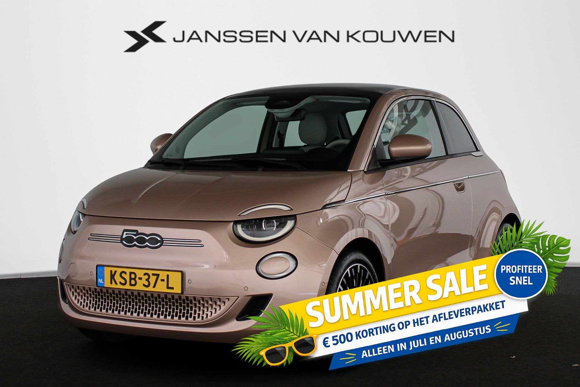 Fiat 500e La Prima 42 kWh Pano Leder Stoelverwarming JBL Cam, Auto's, Fiat, Gebruikt, Overige kleuren, 4 stoelen, Automatische klimaatregeling