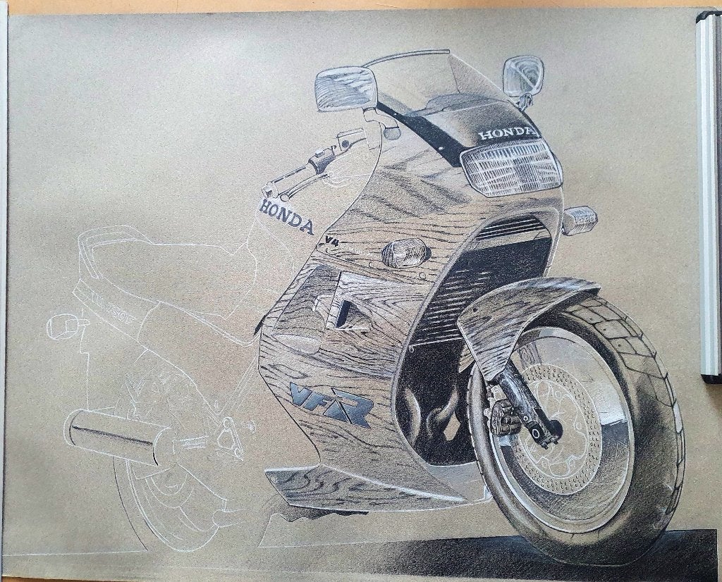 Gedetailleerde tekening van een Honda VFR motorfiets, Verzenden, Deurposter of groter, Rechthoekig Liggend, Zo goed als nieuw