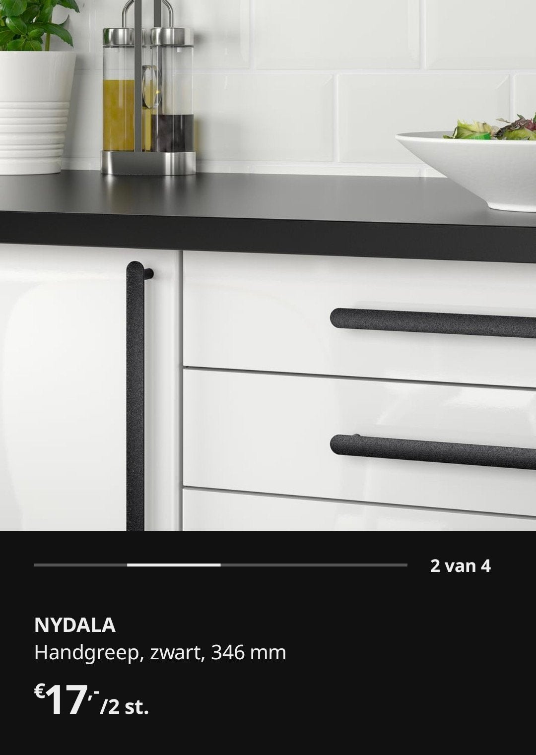 IKEA Nydala Handgreep Zwart 346 mm (320 mm c-c), Ophalen, Minder dan 50 cm, Zwart, Nieuw
