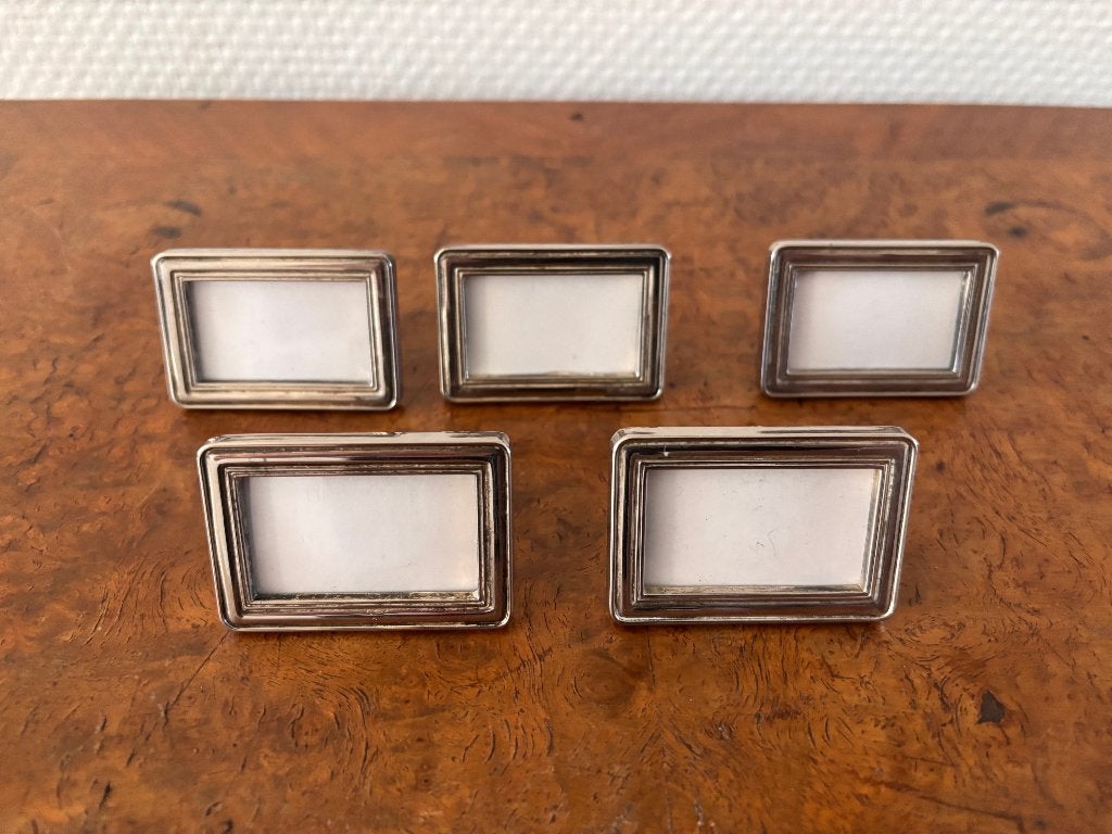 Vintage verzilverd metalen servetringen met naamkaartje, 5*, Ophalen of Verzenden