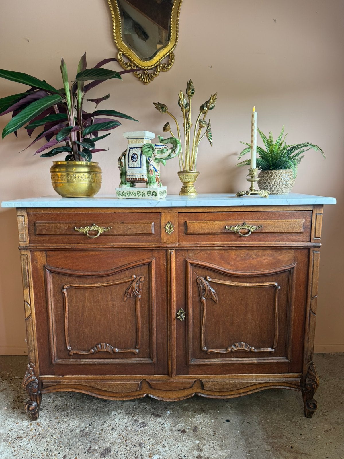 Antieke houten Franse commode met wit marmeren blad, Ophalen, Gebruikt