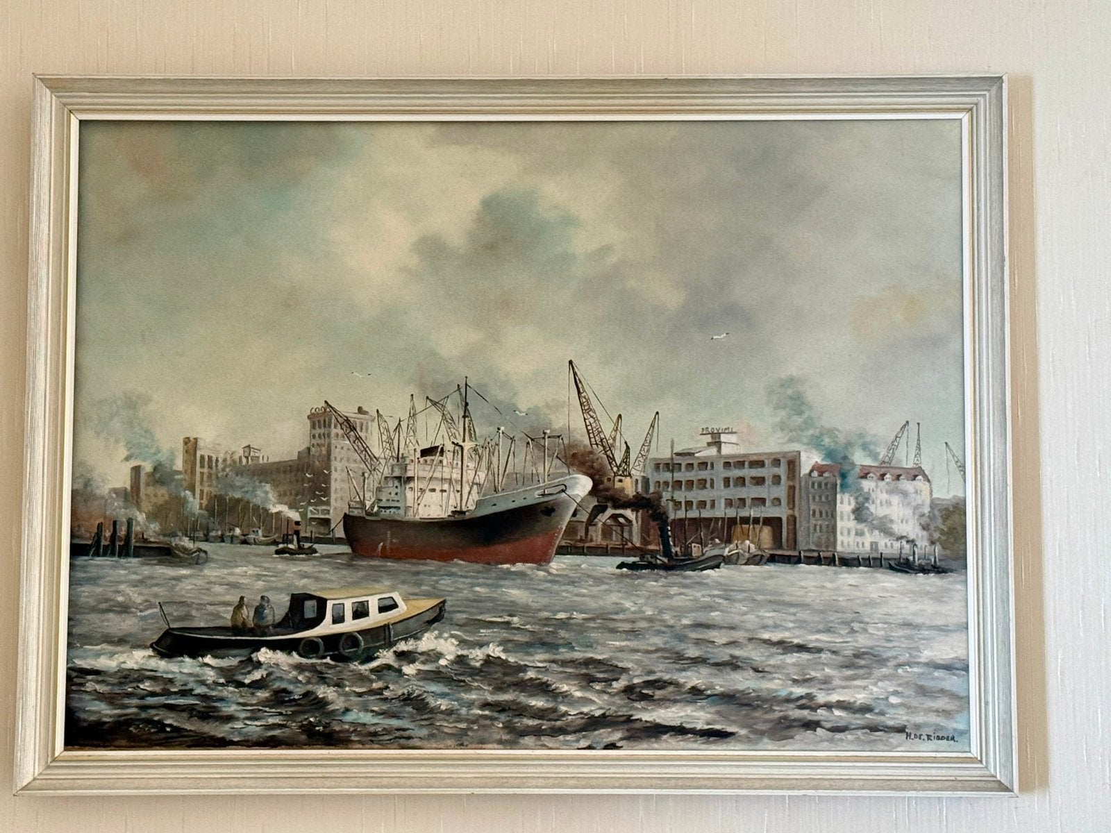 Maritiem schilderij: Haven met schepen en boten 60x75, Ophalen, Maritiem / water, Doek, Realistisch