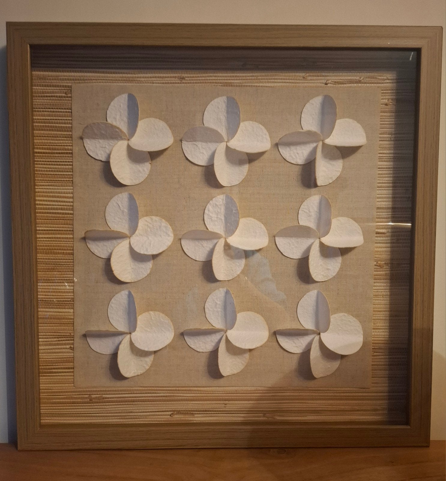 Vierkante wanddecoratie Sienna Linnen Bloemen in houten lijs, Ophalen of Verzenden