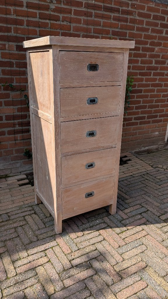 Teakhouten ladekasten met 5 laden., Ophalen, Gebruikt, 5 laden of meer, 50 tot 100 cm