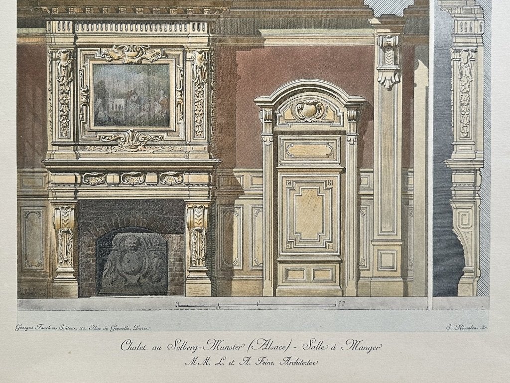 Interieurtekening Elzas - grote chromolithografie 1910, 40 cm, Verzenden, 50 cm, Architectuur
