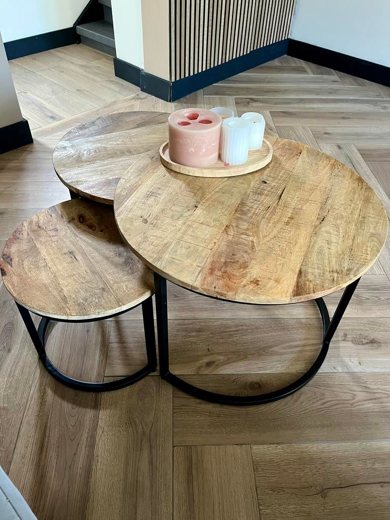 Set van 3 salontafels - Mangohout en metaal, Ophalen, Zo goed als nieuw