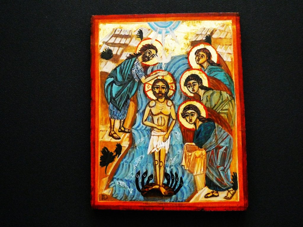 Handgeschilderd Icoon De Doop Jezus Christus, goud verguld, Antiek en Kunst, Ophalen of Verzenden